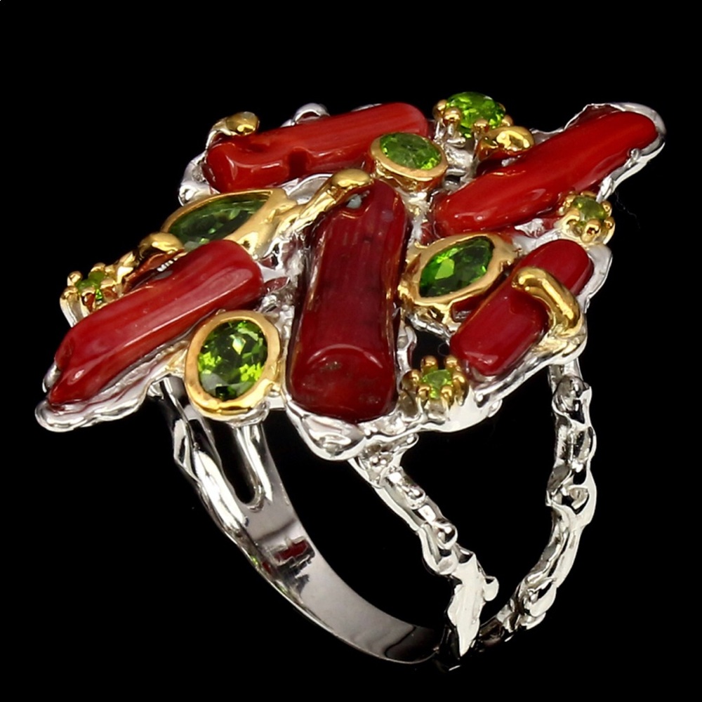 Exquisite Natural Red Coral Chrome Diopside Ring